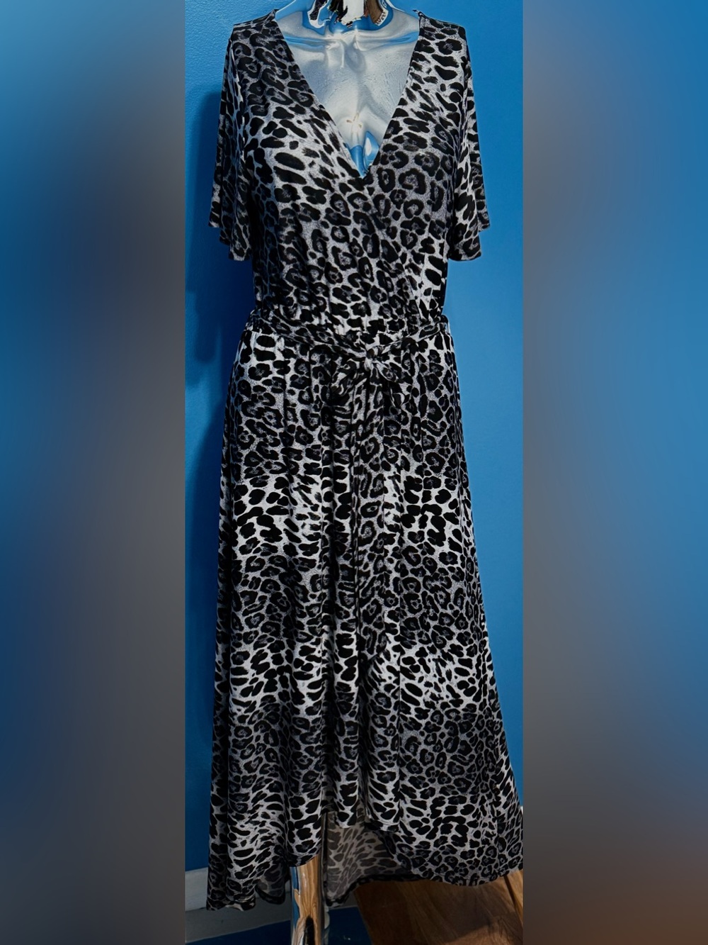 West Kei Black & White Leopard Print A-Line Dress with Tie Waist L